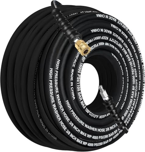 50FT 3/8 High Pressure Washer Hose, 4000 PSI Non-Marking Rubber, Hot Water Ready, Durable Brass Fittings, Ufixed Power Washer Hose (Black)