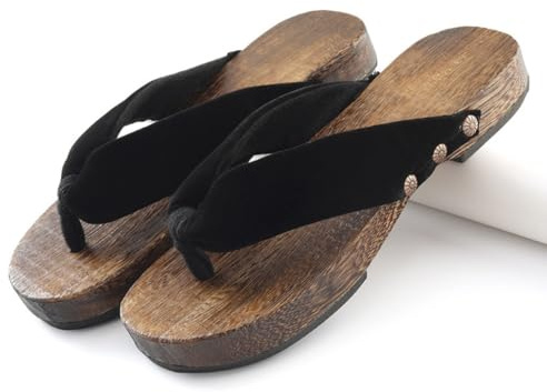 BYWXW Sandali da Uomo Geta Legno Kimono Infradito Tradizionali Giapponesi Pantofole estive Infradito Sandali da Donna Eleganti Sandali da Donna Tacco Piatto Kimono Scarpe(Size:EU 45,Color:Nero)