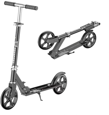 FOXSPORT Trottinette pliable, Scooter pour adultes, Trottinette à pédales Kickscooter Trottinette de ville - réglable en hauteur, roues de 200 mm (Noir)