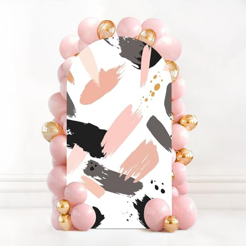 7.2FT Wedding Arch Backdrop Cover Seamless Grunge Brush Strokes Pastel Gold Rose Pink Grey Black White Spandex Fitted Fabric Round Top Stretchy Stand Covers for Baby Shower Birthday Party Decoration
