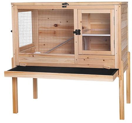 Aivituvin Guinea Pig Cages, Rabbit Hutch with Anti-Chew Frame, Bunny Cage with Deepened Pull-Out Tray, 3 Openable Areas, Assemblable Legs, Ramp & Hideout Included - Wooden