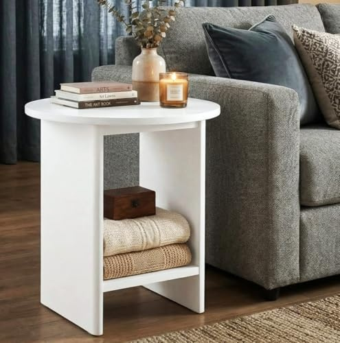 Blisswood Small Round Side Table, Painted Finish 2 Tier End Coffee Table with Open Storage Shelf, Modern Bedside Table, Small Side End Table for Living Room, Sofa Side Table, Bedroom Furniture (White)
