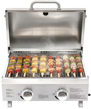 Barbacoa de gas de 2 quemadores pequeña, portátil para gas licuado, acero inoxidable, plegable, mini barbacoa para balcón, jardín, camping, picnic y playa, 55,8 x 45 cm, 4 patas