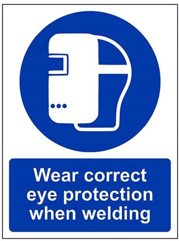 vsafety 41047 an-r tragen korrekte Eye Schutz beim Schweißen Pflicht Schutzbekleidung Zeichen, starrer Kunststoff, Porträt, 150 mm x 200 mm, blau
