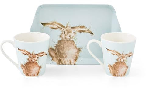 Pimpernel x Wrendale Designs Hare Mug and Tray Gift Set - Porcelain Mugs & Melamine Tray Suitable for Serving Biscuits and Snacks, Hare Illustrations by Artist Hannah Dale, 180ml