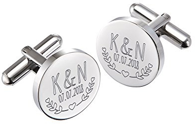 Gravado Gemelli Circolari in Acciaio Inox con Incisione per Le Nozze, Personalizzati con Iniziali e Data, Motivo Cuore Alloro, Scatola Regalo