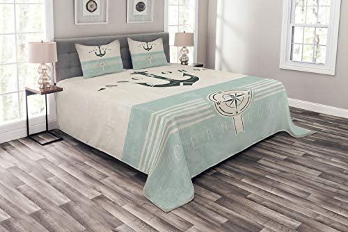 ABAKUHAUS Nautisch Tagesdecke Set, Altmodisch Maritim Anker, Set mit Kissenbezügen Waschbar, für Doppelbetten 264 x 220 cm, Seafoam Beige