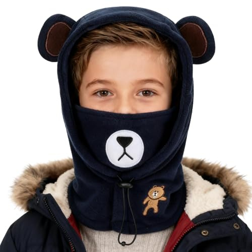 Cagoule Enfants Filles Garçons 3 en 1 Bonnet+Tour de Cou+Masque Bonnet Hiver Epais Chaud Anti-Vent Capuche Balaclava Confortable Mignon Motif d'animaux pour Cyclisme Vélo Sports en Plein air 5-13ans