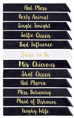 STAY GENT 12 Stück Bride Tribe Schärpen Set 11 Schwarz mit 1 Weiß-Bride Schärpe Junggesellinnenabschied - Team-Braut und Mädchen-Nacht Heraus Favor