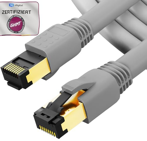 hb-digital 7,5m Patchkabel CAT 8.1 LAN nätverkskabel S/FTP PIMF 2xRJ45 Plug koppar LSZH Halogenfri RoHS-kompatibel 40 Gbits Ethernet Port 2000 MHz Internet DSL, PC, Router, Switch, Modem, TV grå