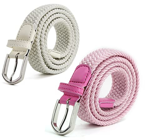 AnJuHoPa barnbälte elastiskt bälte stretchbälte för pojkar flickor, flerfärgat tygbälte kvinnor 2,5 cm bredd 80 cm längd med metallspänne, Rosa och vit, 2PCS/Länge 80cm