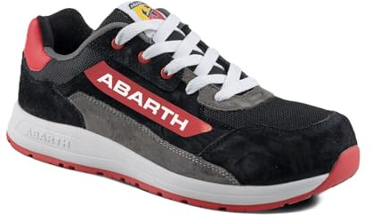 Abarth 595 Zapato de Seguridad S3 Negro+Rojo en Piel de Ante y Mesh, Hidrorepelente, Puntera en Fibra de Vidrio, Libre de Metal