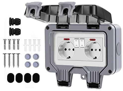 Demoyaya Prise Extérieure IP66 Étanche - Double Prise Murale Pour Jardin - Boîte Étanche Avec Compartiment Verrouillable (Améliorée)