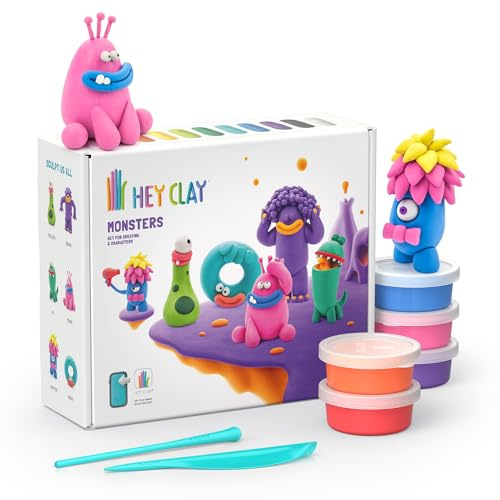 HEY CLAY Set 15 barattoli di pasta modellabile che asciuga all'aria per bambini dai 3 anni in su - Kit сreativo per attività artistiche e manuali (Mostri)