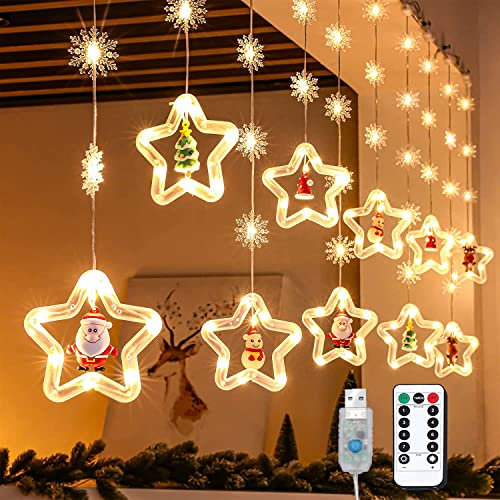 Lypumso Luci di Natale LED, 3M 120LEDs Stella Tenda Luminosa Natale, Catena Luminosa 8 Modalità USB con Telecomando 10 Addobbi Natalizi, per Decorazioni Natalizie, Festa, Finestre, Giardino, Balcone
