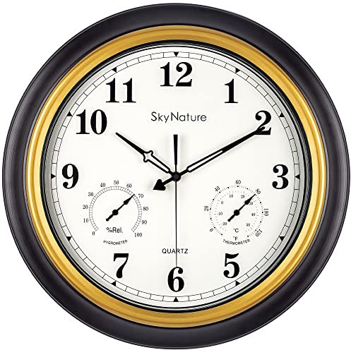 Outdoor Gartenuhr Wetterfest, Vintage Wanduhr mit Thermometer und Hygrometer, Leise Ohne TickgeräUsche Wasserdicht Uhr, Metall Wanduhr für Zaun, Terrasse, Pool, Veranda - 45cm, Schwarze Gold
