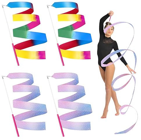 4 Stück 2m Tanzbänder mit Stab, Glitter Pink und Gradient Multi-Colored Tanzbänder, 2m Funkelndes Tanzband Lange Dance Ribbons Tanzen Streamer für Kinder Training Talentshow Künstlerisches Tanzen
