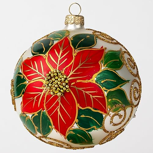 Silver Christmas Ornament Ball Polish Blown Glass Medium Bauble 5 inch/120mm Hand Painted Poinsettia Flowers