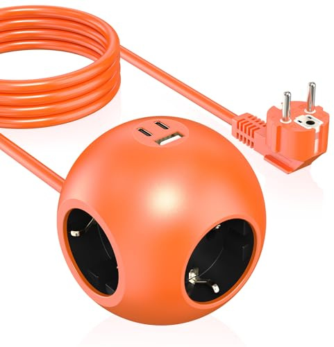 PD 25W Steckdosenleiste Würfel mit 1 USB A und 2 USB C, Steckdosenleiste mit 3 Fach Steckdosenadapter, Kugelbuchse mit 2 m Kabel（3680W 16A für Bürosteckdosen, (orange)
