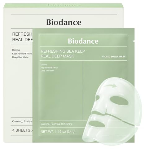 BIODANCE Sea Kelp Real Deep Mask - Mascarilla para Acné y Rojeces, Calma Imperfecciones de la Piel con Problemas, Efecto Refrescante Nocturno, 34g x 4 unidades