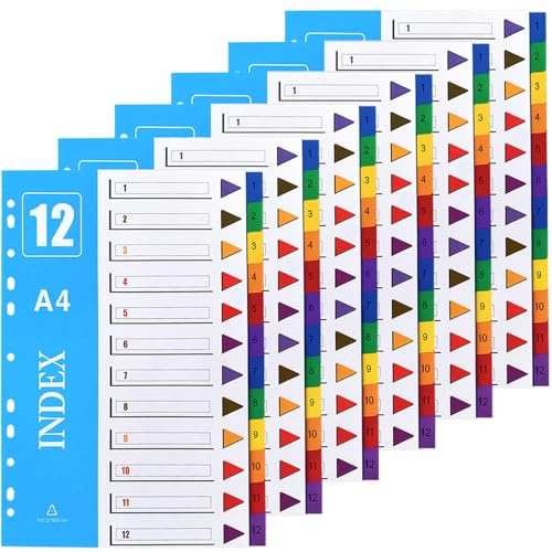 6 Pack File Dividers A4, 1-12 Part Dividers Coloured Plastic A4 Dividers | Index Folder Subject Dividers for Ring Binders & Lever Arch Files with Writable Coloured Tabs for School Office Organization