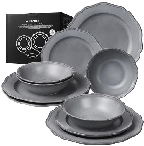 Navaris Scandi Style Porcelain Dinnerware Set - Ceramic Crockery Sets for 4 - Stackable Dishes with Dinner and Salad Plates Cereal Bowls - Dishwasher & Microwave Safe - 12pcs Grey
