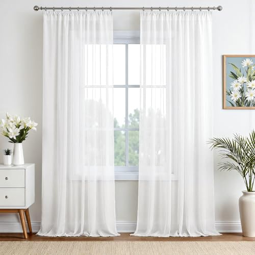 EMEMA Gardinen Vorhänge mit Kräuselband 2er H245xB140cm Weiß Voile Vorhang