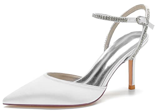 KUHAOFEU Scarpe Donna Eleganti, Decollete Donna, Slingback Tacchi Alti Punta a Punta Sandali da Sposa con Cinturino alla Caviglia,Bianca,38 EU
