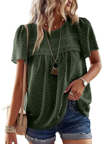 TUUHAW Femme Chemisier Boho Blouse Manches Courtes Col Rond Tunique Fluide | Dentelle T-Shirt, Décontracté Tops, Chemise Chic et Élégant, Été Fluide Hauts, Confortable T-Shirt, Vacances Formel Blouse