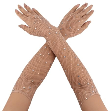 Mikovivi Lange Netzhandschuhe Strasssteinen, 45cm Netz Armstulpen Ellenbogenlänge mesh handschuhe glitzernde Armstulpen Kostüm Accessoire für Damen Mädchen Abendparty Abschlussball (Kamel)