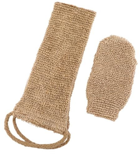 KEQAR 2 Piezas Esponja Exfoliante para Ducha con Fibras de Bambú, Cepillo para Espalda y Guante de Masaje (Marrón)