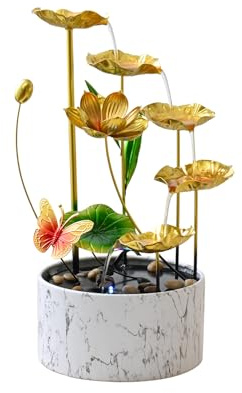 Qingyingge 16'' H Large Indoor Water Fountain, Indoor Fountain Tabletop Metal Lotus Flower LED Light Zen Fountain, Small watefall