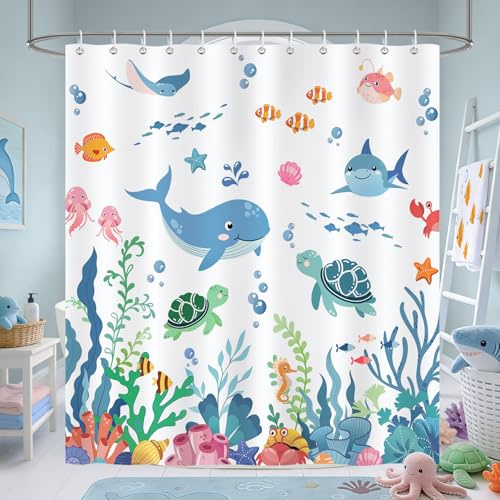 COZZSNUGE Cortina de Ducha Infantiles, Cortina de Baño Océano Lindos Ballena Tortuga Peces Mundo Submarino 180 x 180 cm Poliéster Impermeable Resistente al Moho con 12 Ganchos