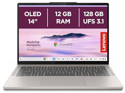 Lenovo Chromebook Plus Gen 10 - Ordenador Portátil 14'' OLED WUXGA (MediaTek Kompanio Ultra 910, 12GB RAM, 128GB UFS, ChromeOS)-Seashell+1 año de Google AI Pro con 5TB de Almacenamiento