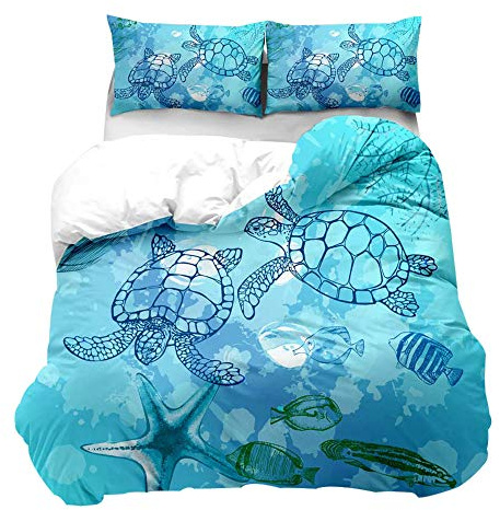 Loussiesd Turtle Duvet Cover Set Double Size 3D Print Sea Animal Bedding Set Blue Starfish Comforter Cover Soft Microfiber Polyester with 2 Pillow Shams, Zipper, Marine Life, 3 Pieces