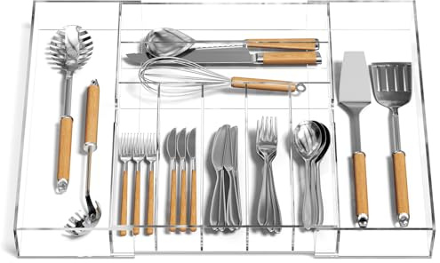 NIUBEE Organizador de cajones de cocina expandible para cubiertos y utensilios, bandeja ajustable de acrílico transparente para cajones, oficina, suministros de baño, 9 compartimentos