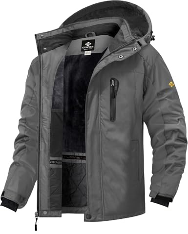 GEMYSE Homme Veste de Ski Imperméable de Montagne Manteau d'hiver Extérieur en Polaire Coupe-Vent avec Capuche (Gris Fer 08,L)