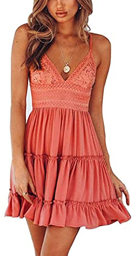 TBSCWYF Klänning för kvinnor med Ruffle Bow och Fram Smocked Mini Ärmlös Strand Klänning Skater Festklänning Casual Klänningar Sundress i Spets Ärmlös tröja, Damm, M