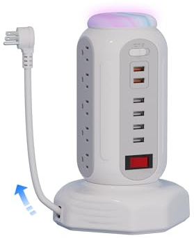Power Strip Surge Protector Tower, 15 AC Outlets and 6 USB Ports with LED Light, Retractable Heavy Duty Extension Cord with Multiple Outlets, USB Charging Station with Right Flat Plug (White)