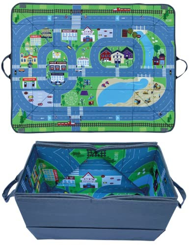 HECKBO 4-in-1 Auto Organizer und Spielteppich - Kinder Spielzeug-Aufbewahrungsbox - Faltbare Spielmatte mit Straßenmotiv - Sichere Befestigung im Auto, 91cm x 72cm