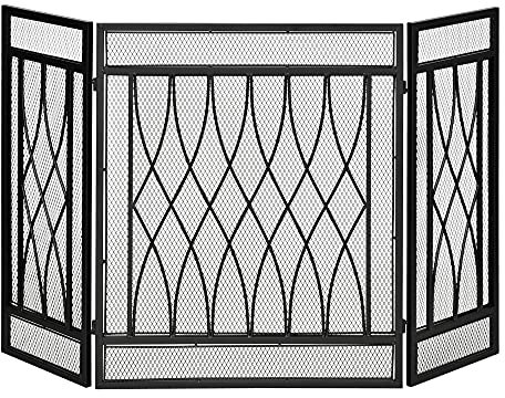 HOMCOM Salvachispas de Chimenea Plegable Pantalla Protectora de Chimenea de 3 Paneles con Bisagras y Estructura de Metal Decorativa 126x3x80 cm Negro