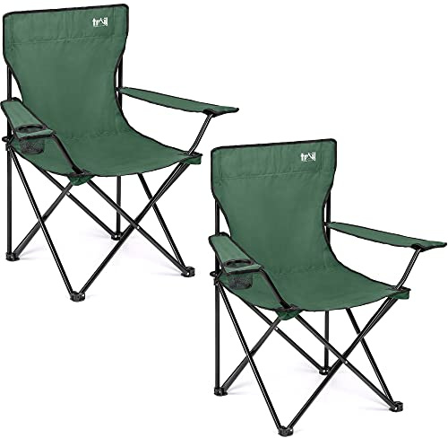 Trail Folding Camping Chairs with Cup Holders, Steel Frames, Green, 2 Pack | Fast-Drying Polyester, Cup Holder Armrests, Carry Bags Included, 100kg Capacity