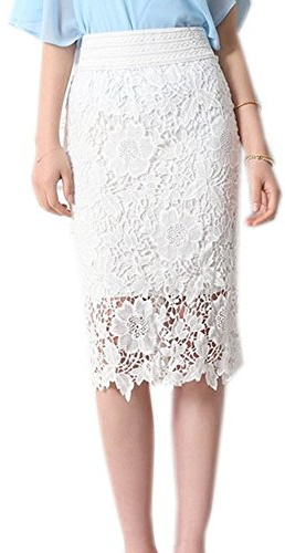 JUCACE Gonna da Donna, Gonna a Tubino in Pizzo al Ginocchio Stile Vintage Bianco, Media