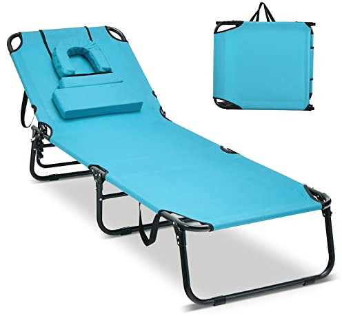 COSTWAY Tumbona Plegable XXL 63X194X37cm, Respaldo Reclinable en 5 Posiciones, 2 Posiciones de Pierna, 3 Cojines Extraíbles, Tela Oxford, Tumbona Jardin Exterior Playa Piscina, Carga 160kg(Azul Lago)