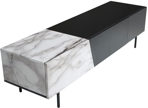 Wohnling Meuble TV bas noir avec décor marbre en blanc 150 x 40 x 40 cm - Meuble TV bas avec portes et tiroir - Meuble TV moderne avec portes et tiroir - Commode TV moderne