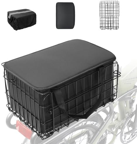 PIREKZUNT Folding Bike Rear Basket, Metal Ebike Basket Rear with PU Liner Bag and Waterproof Cover, Quick Release Design E Bike Frame for Men and Women Bicycle
