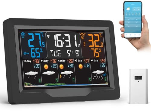 jely Station Météo Intérieur Extérieur Sans Fil - Connectée WIFI avec Prévisions 5 Jours, Écran 4 Luminosités Réglables, Capteur Temps Thermomètre Hygromètre, 3 Réveils