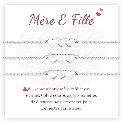 MANVEN 3 Bracelet Mère Fille Cadeau Ado Fille Maman Fête des Mères Anniversaire Noël 5 6 7 8 9 10 11 12 ans Bracelet Cœur Rentrée Scolaire Retour à l'école pour Femmes