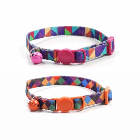 Cat Collars With Bell,Adjustable Collar With Quick Release Safty Buckle,Nylon Webbing with Printing Pattern in Rose Geometry and Multicolored Diamond Pack of 2