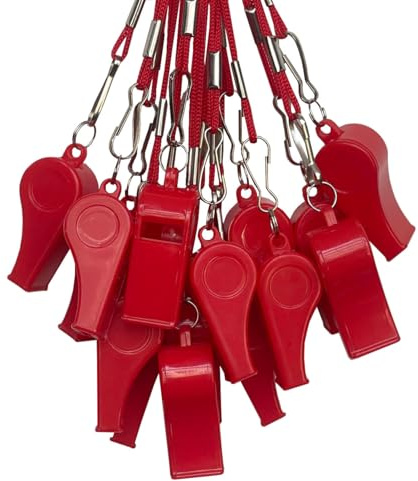 DYBADYSA Set di 20 fischietti in plastica rossa con cordino per arbitro, allenatore, pallacanestro, calcio, sport, calcio, escursionismo, allenamento all'aperto, eventi, bagnini, sopravvivenza, scuola